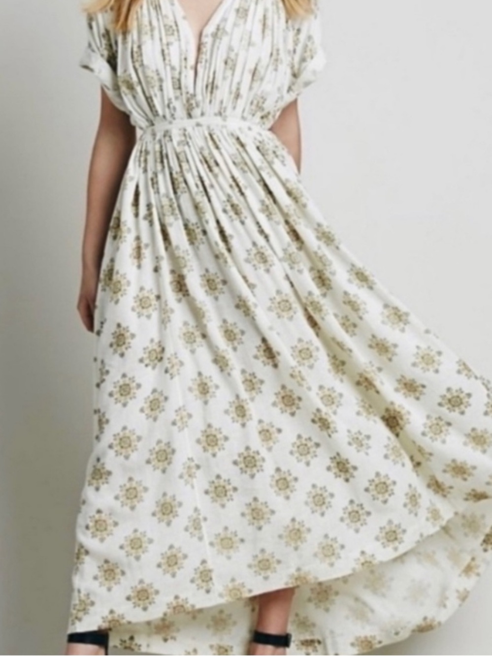 Free People Cream Gold Oasis Boho Maxi Dress.  Vanilla Combo Size Small